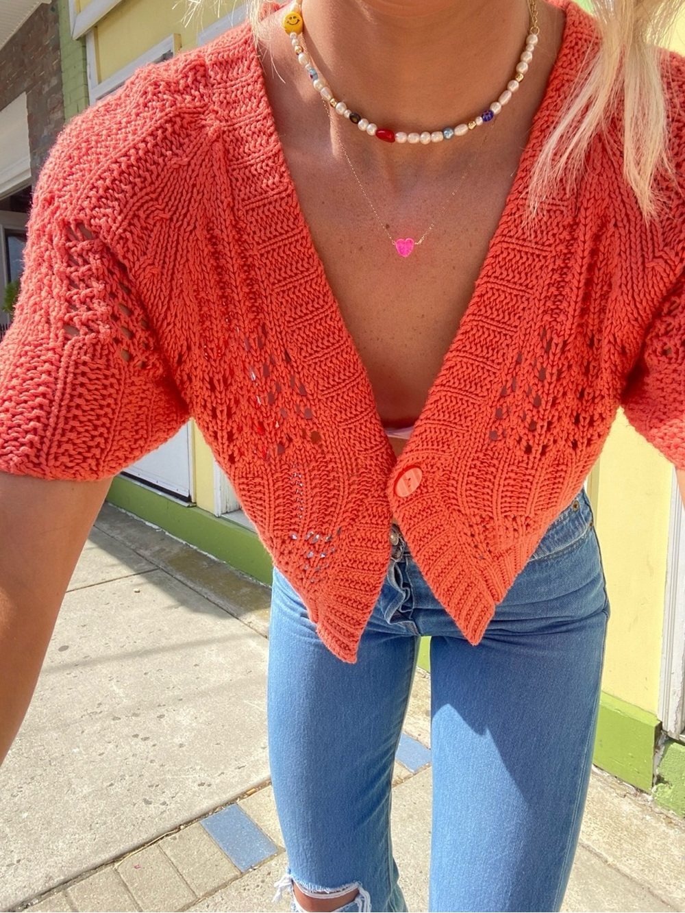 H&M Vintage V‑Neck Pointelle Cropped Cardigan Short Sleeve